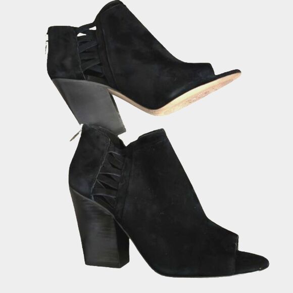 VINCE CAMUTO Nordstrom Rack Black Suede Open Toe Ankle Block Heel Shoes Size 8 - Picture 1 of 6